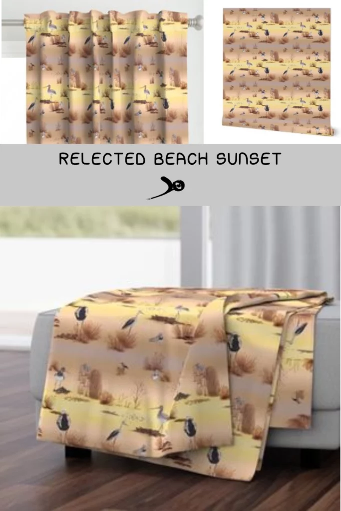 Fiche produit motif relected beach présenté sur papier peint, rideau et linge de lit