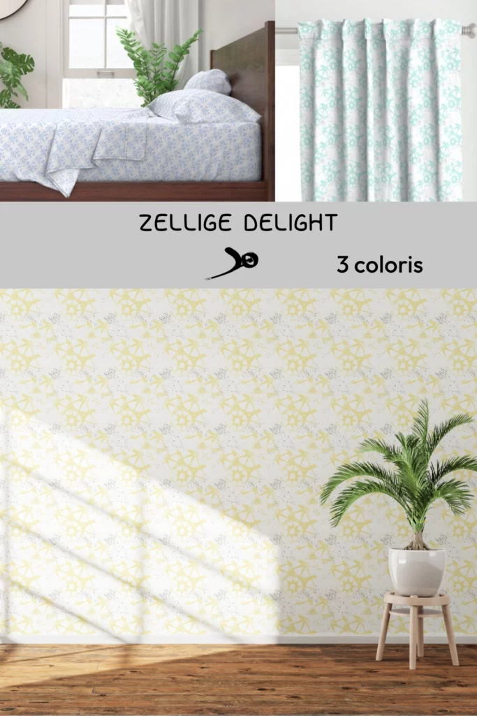 Fiche produit motif zellige delight présenté sur papier peint rideau et linge de lit