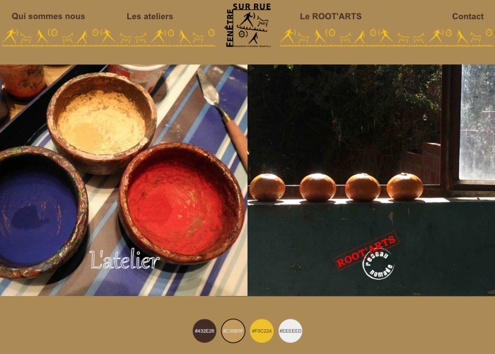 page d'accueil du site web presentant logo menu 2 phots et la palette de couleur