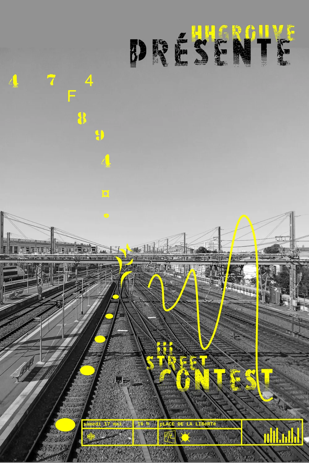 Affiche ou visuel pour évènement, composé d'elements vectoriels jaunes apposés sur une photo en noir et blanc