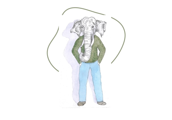 Dessin et aquarelle d'un elehant a corps d'homme