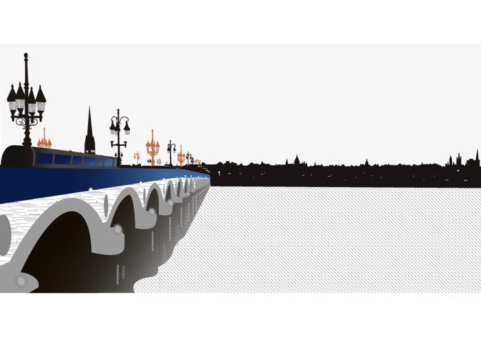dessin vectoriel du pont de pierre Bordeaux en noir et blanc avec des touches de bleu et orange