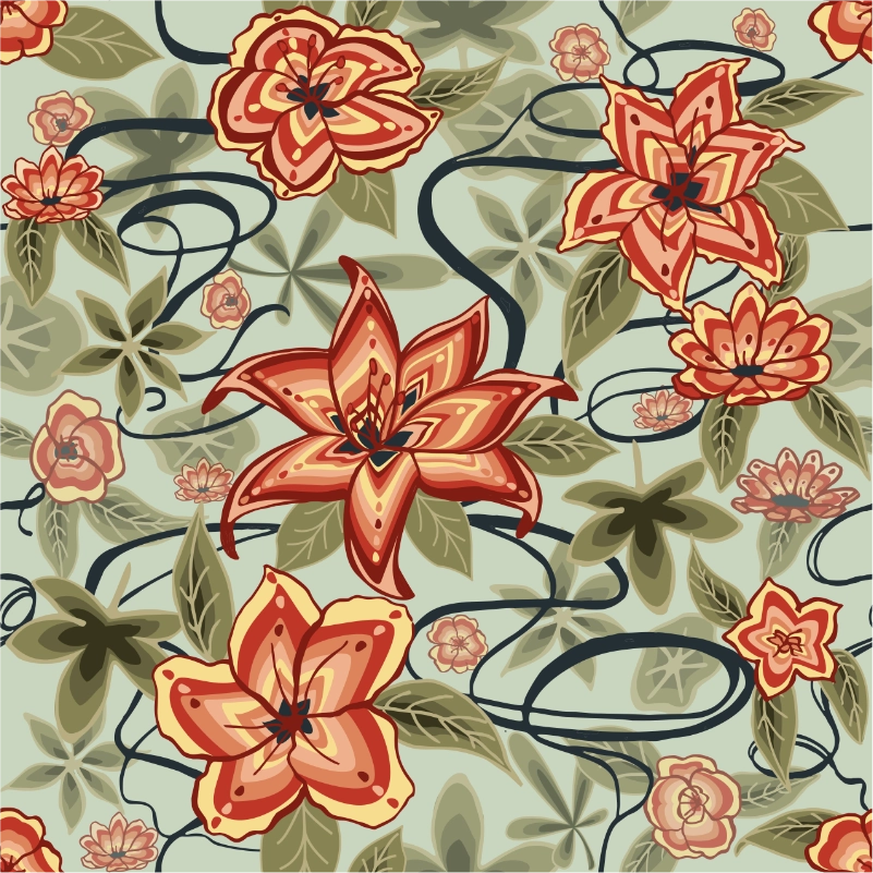 Motif floral rouge et vert comme suspendu à des lianes
