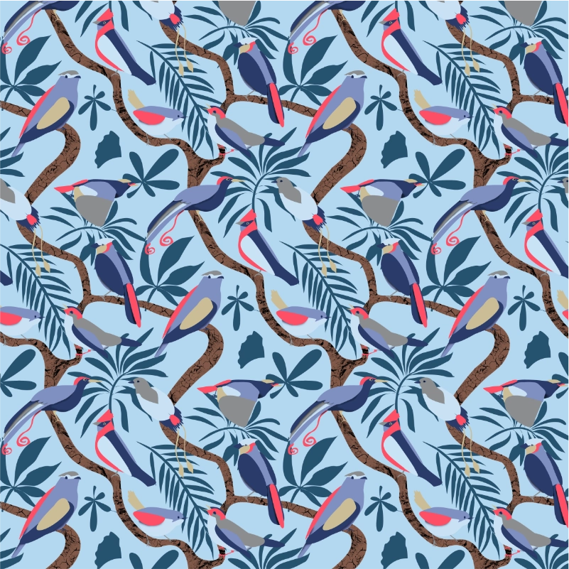 Motif Free Birds : en trailing botanique d'oiseaux tropicaux sur fond blue