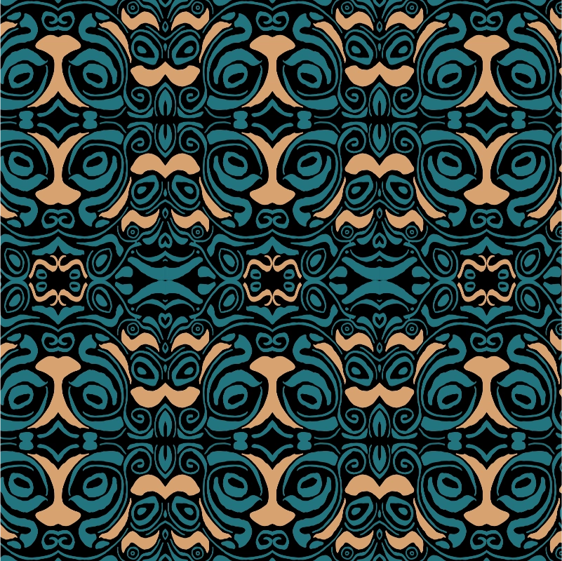 Motif Ey of the tiger repetition de lignes tracées à l'encre positionnées en miroir donnant un effet totem tribal en couleur blue teal and sand