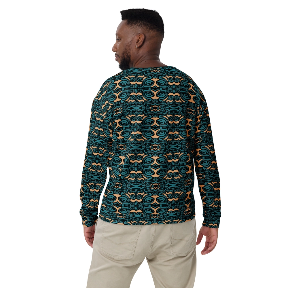 sweat shirt du motif eye of the tiger coloris blue teal & sand porté par un mannequin