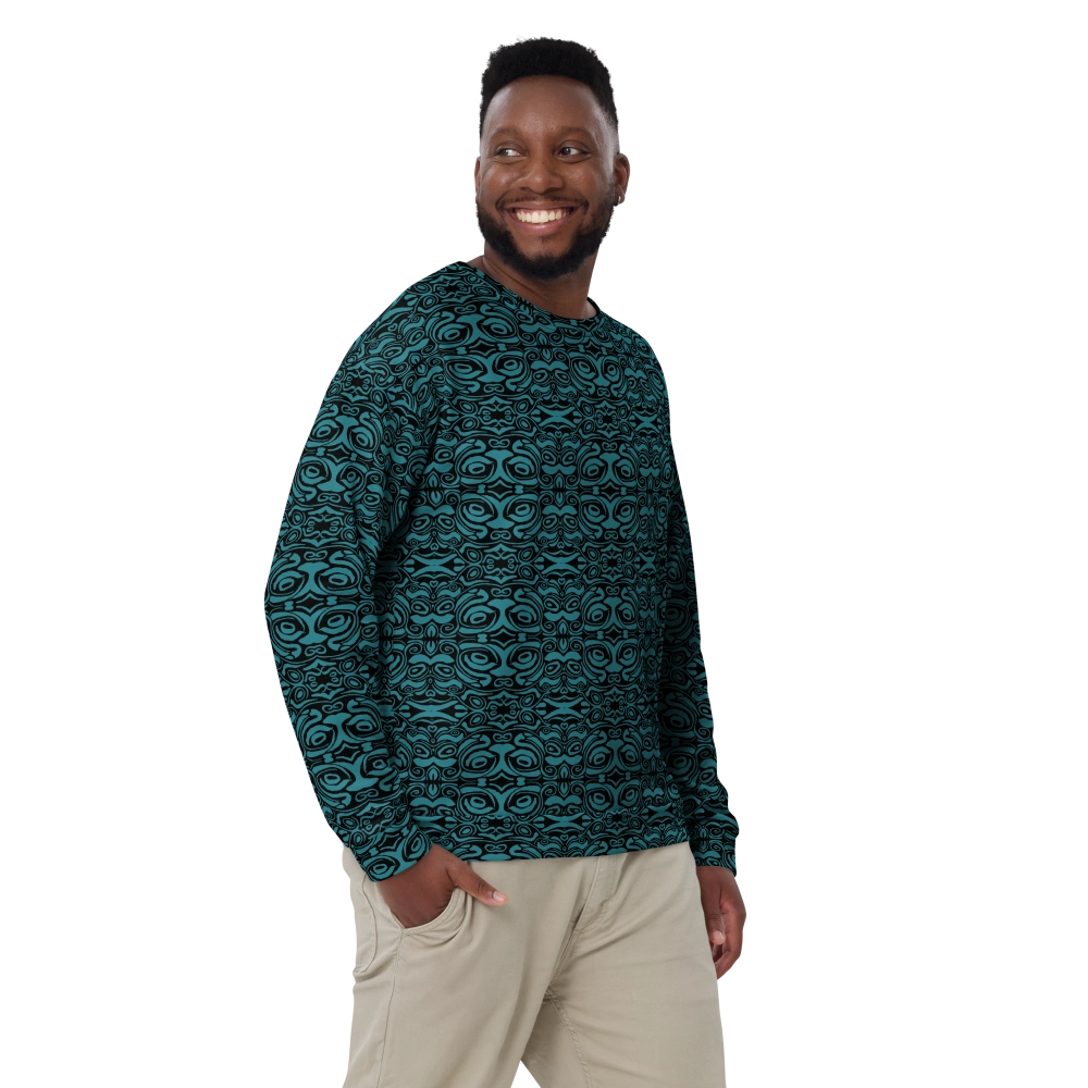 sweat shirt du motif eye of the tiger coloris blue teal porté par un mannequin
