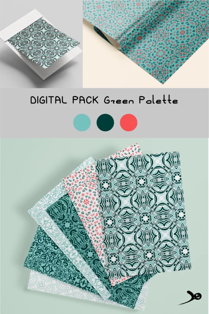 Fiche produit digital paper pack motifs à l'encre green palette - vert et rouge