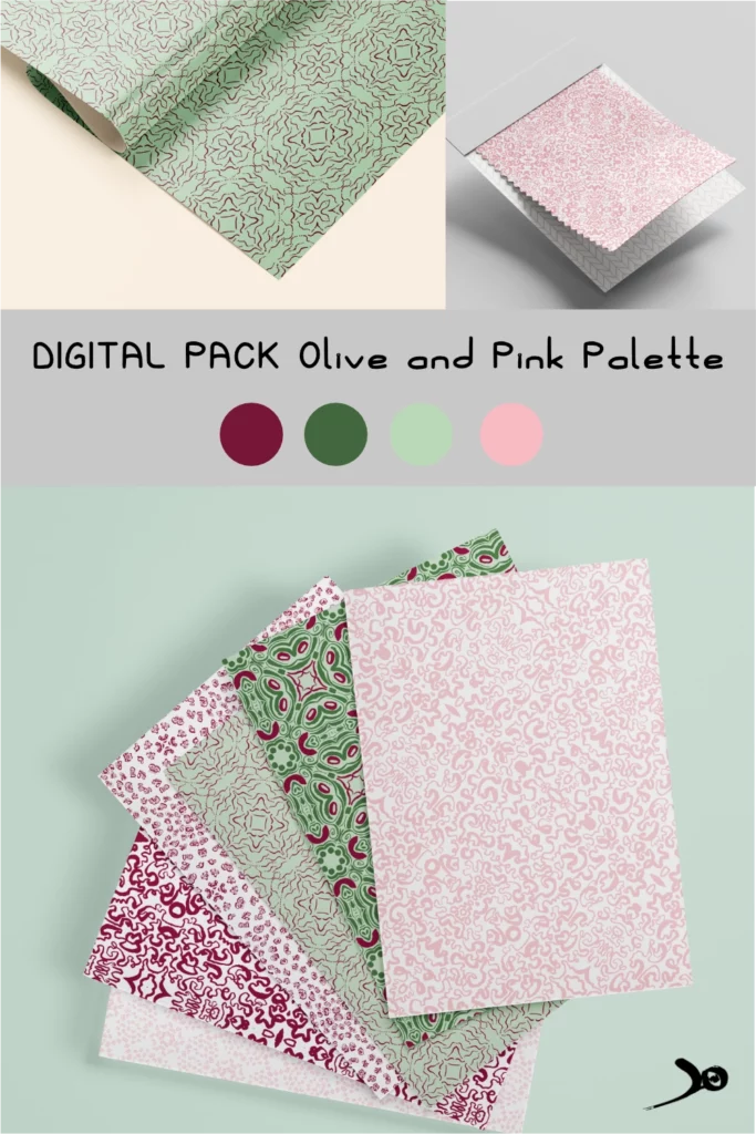 Fiche produit digital paper pack motifs à l'encre Pink palette - vert rose et bordeaux