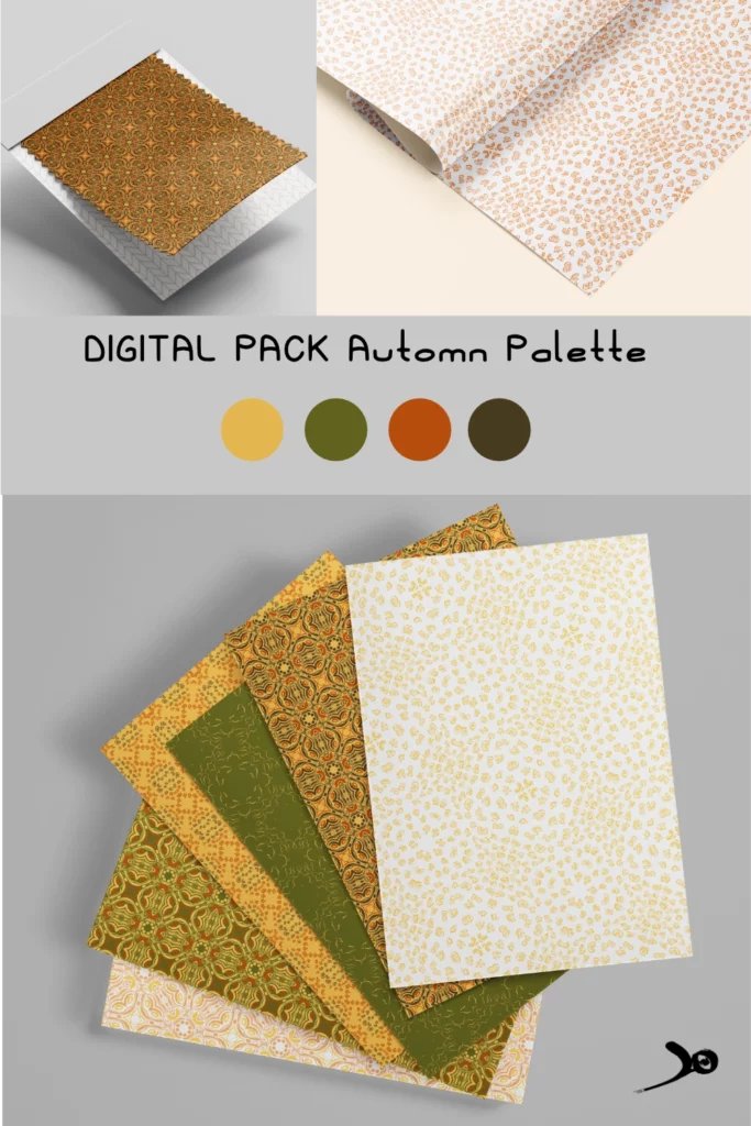 Fiche produit digital paper pack motifs à l'encre automn palette - vert orange et jaune