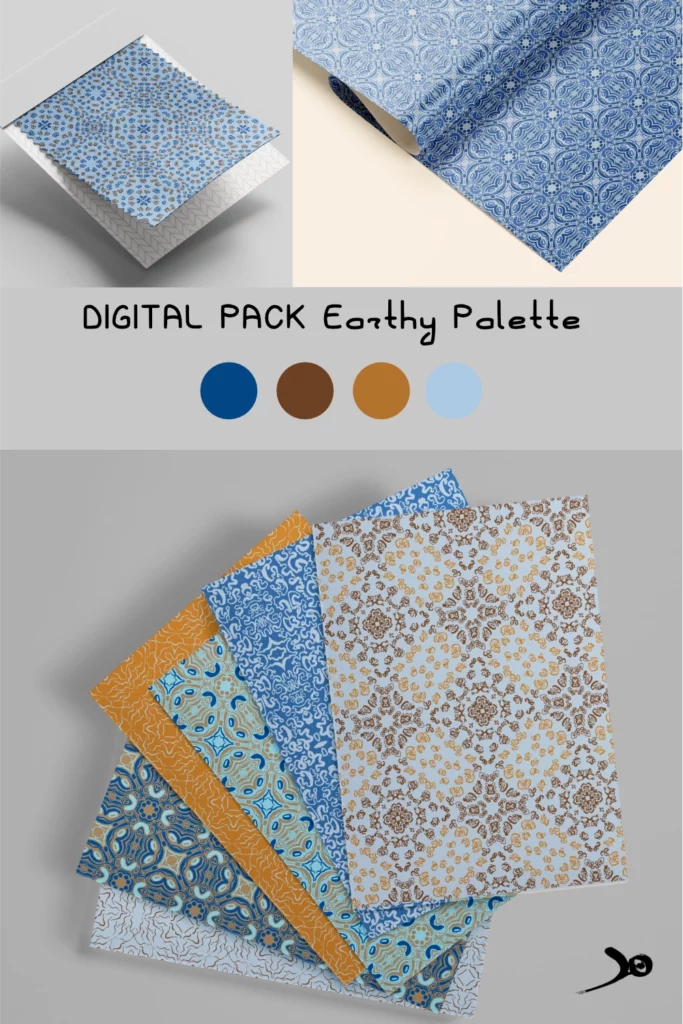 Fiche produit digital paper pack motifs à l'encre Earthy palette Bleu et marron