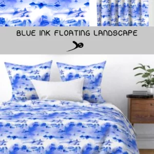 Fiche produit motif Floatting landscape présenté sur rideau et linge de lit