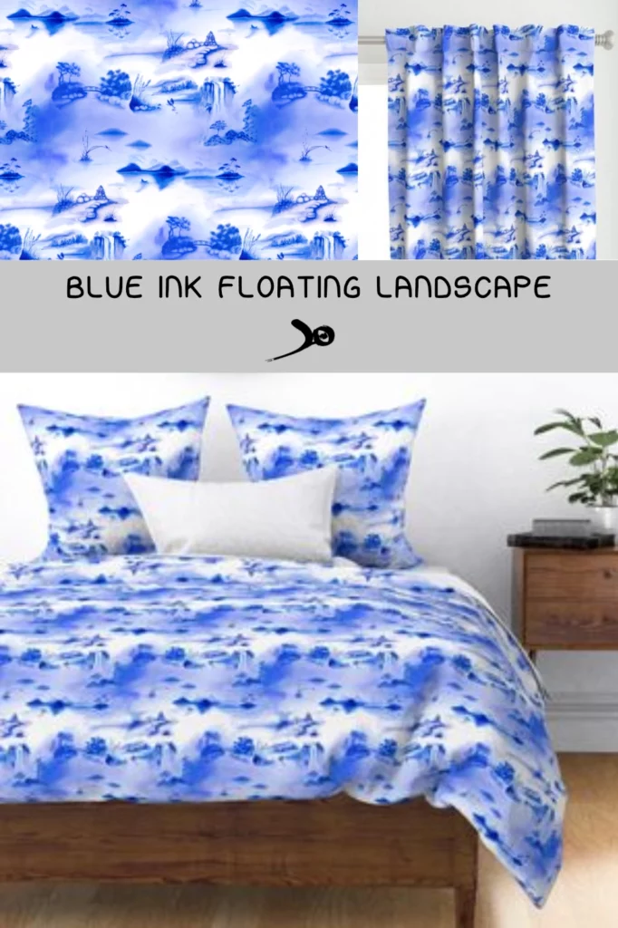 Fiche produit motif Floatting landscape présenté sur rideau et linge de lit
