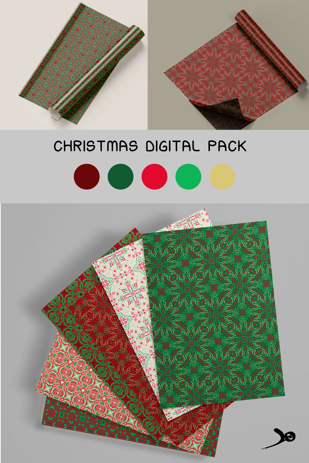 Christmas digital paper bundle – motif damassé rouge et vert
