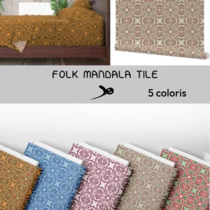 Fiche produit motif folk mandala tiles présenté sur papier peint echantillon et linge de lit