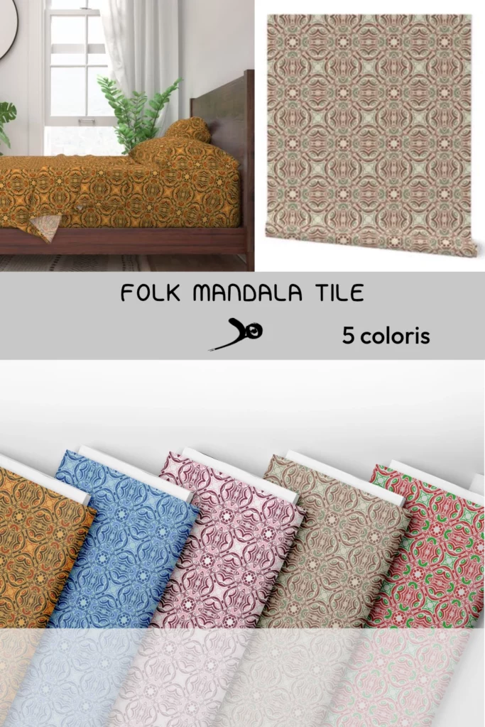 Fiche produit motif folk mandala tiles présenté sur papier peint echantillon et linge de lit